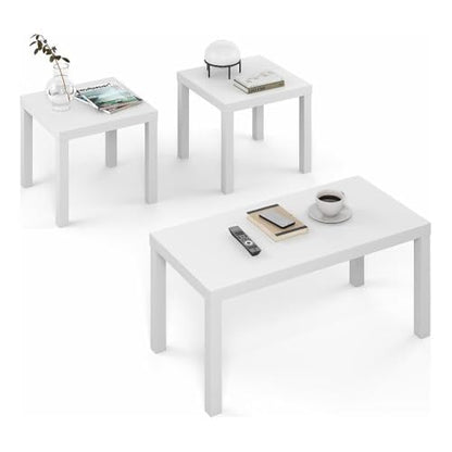 Furinno Classic Set of 3 Living Room Table, Printer Stand, White | 1.8 Inch Thick Tabletop, Modern Rectangle Coffee Table with 2 Square Side Tables, End Tables, for Living Room, Home Office - color: White, size: Set of 3