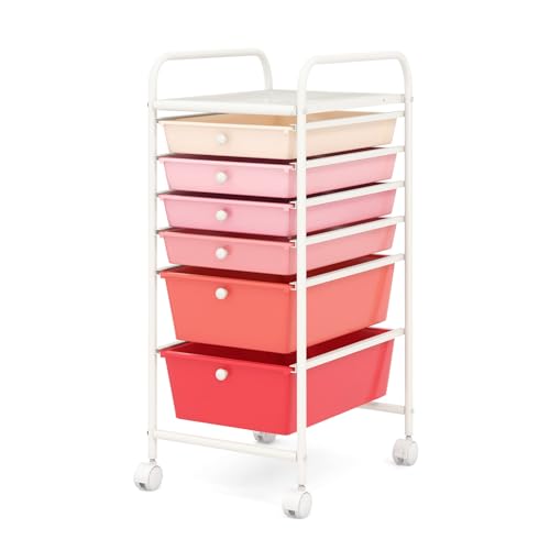 COSTWAY 6-Drawer Rolling Storage Cart, Art Craft Tools Organizer on Wheels | Multifunctional Heavy Duty Utility Mobile Storage Trolley w/ 2 Lockable Wheels for Home Office School (Mixed Pink) - color: Mixed Pink, size: 6 Drawer