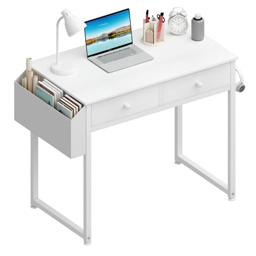 Lufeiya Small White Kids Desk with Drawers for Bedroom, 32 Inch Home Office Desks with Fabric Storage Drawer and Bag, Study Writing Vanity Table for Small Spaces, White - color: White, size: 31.5"