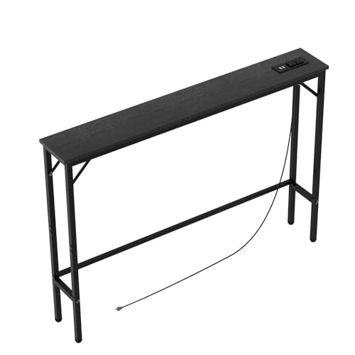 Aduanbang 5.9" Console Table with Outlet – Narrow Sofa Table, Behind Couch Table for Living Room & Hallway, 5.9" x 39.4" x 30", Metal Frame, Rustic Brown - color: Black, size: 5.9"D x 39.4"W x 30"H