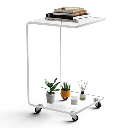 C-Shape Acrylic Side Table with Wheels,13.8" L x 13" W x 22" H x 1/2" Thick Clear End Table,Transparent Nightstand with Waterfall Edges,Modern Lucite Side Table for Living Room - size: 13.8" L x 13" W x 22" H