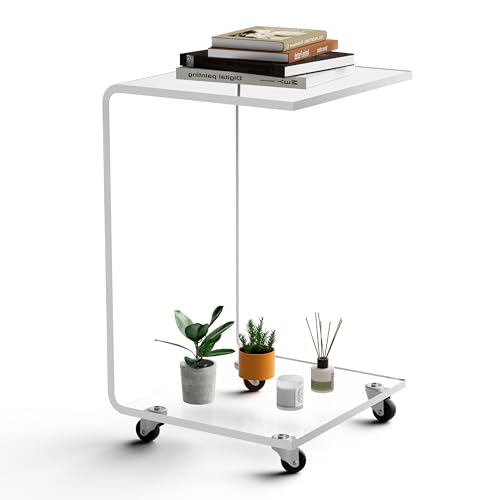 C-Shape Acrylic Side Table with Wheels,13.8" L x 13" W x 22" H x 1/2" Thick Clear End Table,Transparent Nightstand with Waterfall Edges,Modern Lucite Side Table for Living Room - size: 13.8" L x 13" W x 22" H