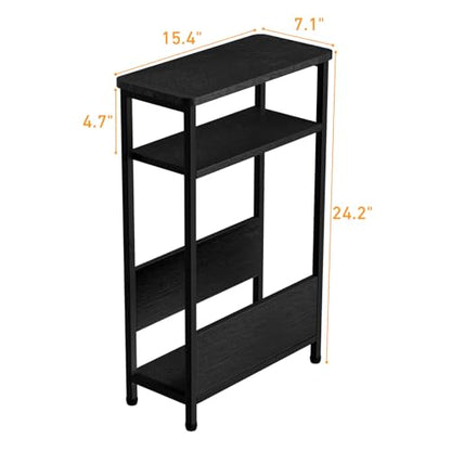 THUMEYE 7.1" Narrow Side Table for Small Spaces, 3 Tier Small End Table with Magazine Holder, Slim/Skinny Nightstand/Bedside Table for Living Room, Bedroom, 15.4" L x 24.2" H, Black - color: Black