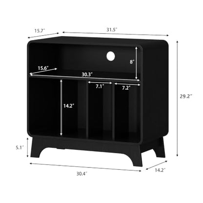 RowyPoey Large Record Player Stand, 31.5" Curved Turntable Stand, Black | Vinyl Record Storage, Mid Century Modern, Wood Record Holder Cabinet, Stereo Media Shelf for Living Room, Bedroom, Office