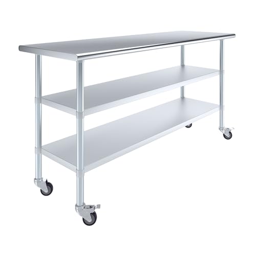 AmGood Stainless Steel Work Table with 2 Shelves and Casters | Metal Utility Table On Wheels (Stainless Steel Work Table with 2 Shelves + Casters, 72" Long x 24" Deep) - size: 72" Long x 24" Deep