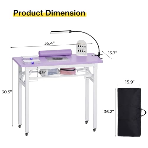 Portable Foldable Manicure Table with Dust Collector, Rolling Nail Tech Desk with LED Lamp, Wrist Rest, Lockable Wheels & Carrying Case for Home Salon, Travel & Mobile Nail Techs (Purple) - color: Purple