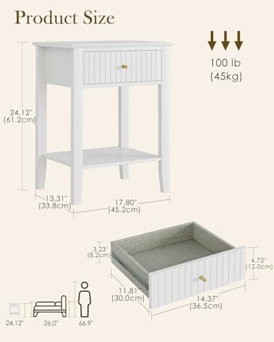 Fluted Nightstand, Farmhouse Night Stand with 1 Drawers, Mid Century Modern Side Accent Table,Bedside End Table for Bedroom, Living Room, White - color: White, size: 1 Drawer