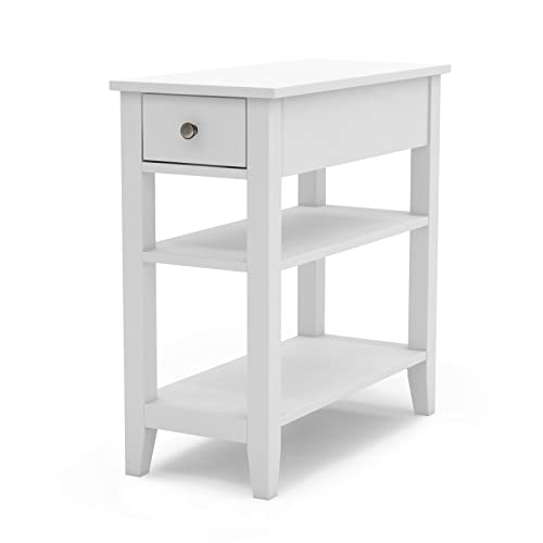 ChooChoo Side Table Living Room, Narrow End Table with Drawer and Shelf, 3-Tier Sofa End Table for Small Space, White - color: White