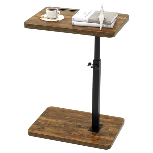IBUYKE C Shaped Side Table,TV Tray Table,Retro Brown UTVT003H | 360° Swivel Height Adjustable,End Table for Small Spaces,with Phone Tablet Slot, Small Coffee Snack Table for Sofa Bed - color: Brown, size: Standard