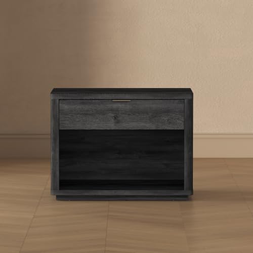 Manhattan Comfort Evelyn Modern Nightstand with Drawer & Open Shelf, Minimalist Bedside Table with Smooth Rounded Edges & Raised Mop Base, Versatile Accent Table, Set of 1, Charcoal Grey - size: Set of 1