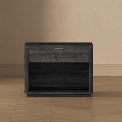Manhattan Comfort Evelyn Modern Nightstand with Drawer & Open Shelf, Minimalist Bedside Table with Smooth Rounded Edges & Raised Mop Base, Versatile Accent Table, Set of 1, Charcoal Grey - size: Set of 1