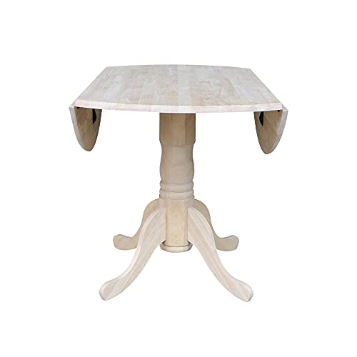 IC International Concepts, Round Dual Drop Leaf Pedestal Dining Table, Solid Real Wood, Sturdy Parawood, Dimensions 42"D x 42"W x 29.5"H, 40lbs Capacity, Paint/Stain Ready, Unfinished - color: Unfinished