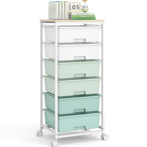 Rolling Storage Cart with 6 Drawers and Wooden Tabletop, Lockable Wheels Utility Cart for Art Studios, Office Supplies & Craft Room Organization (Green) - color: Green