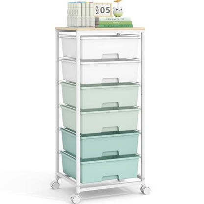 Rolling Storage Cart with 6 Drawers and Wooden Tabletop, Lockable Wheels Utility Cart for Art Studios, Office Supplies & Craft Room Organization (Green) - color: Green