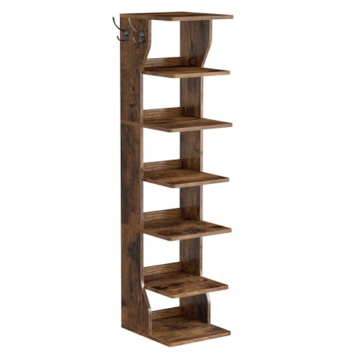 VASAGLE 7-Tier Vertical Shoe Rack, Narrow Shoe Storage Organizer with Hooks, Slim Corner Tower Shelf, Space-Saving for Entryway and Bedroom, Rustic Brown ULBS200KD01 - color: Rustic Brown, size: 7 Tiers
