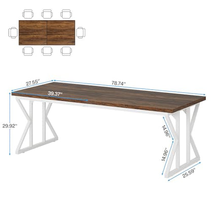 Tribesigns Farmhouse Dining Table for 6-8 People, 78.7-Inch Rectangular Wood Dining Table, Rustic Kitchen Table with Heavy Duty Metal Legs for Dining Room - color: Rustic Brown/White