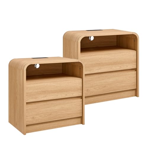 Aitjunz 25" Tall Modern Nightstand Set of 2, 23.6'' Wide Wood Bedside Table w/2 Storage Drawers, Charging Station, Mid Century End Table for Bedroom, Living Room,Curved Profile Design, Natural Oak - color: Natural, size: 2 Pieces