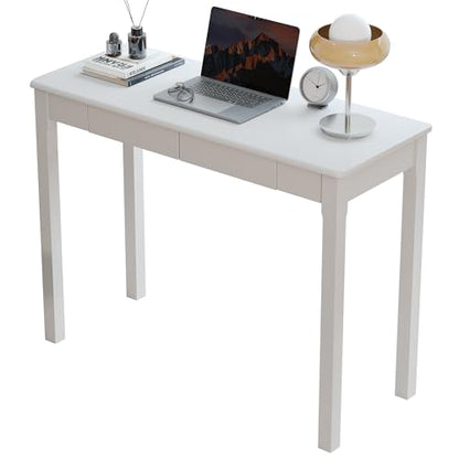 Solid Wooden Desk with Drawers - 39 x 16 Inch Modern Narrow Desks, Rubberwood Simple Study Table, Small Writing Desk for Bedroom|Small Spaces - White Desks - color: White, size: 39.4 in W x 15.7 in D