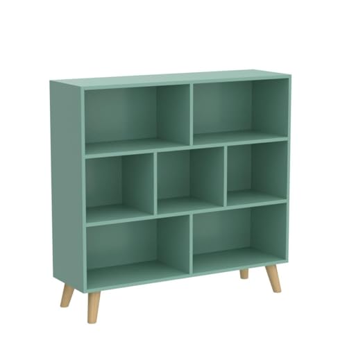 IOTXY Wooden Open Shelf Bookcase - 3-Tier Bookshelf with Leg, Tiffany-Green | Nordic Minimalist Style, MDF Material, Raised Solid Wood Legs, 7 Storage Cubes Display, Floor-Standing Cabinet Organizer - color: Tiffany Green, size: 80CM Legs