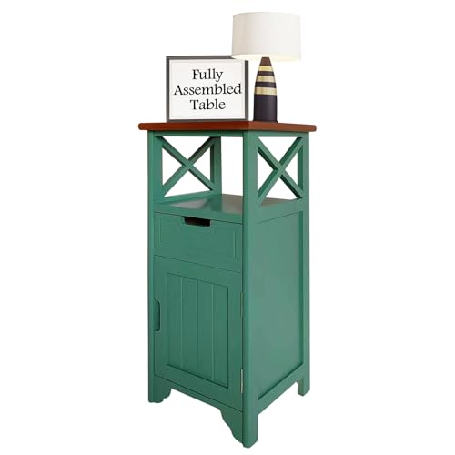 Assembled 30in Height Nightstand, Pre- Assembled Bathroom Floor Cabinet with Shelf and Storage Drawer, Green Tall End Table No Assembly Chest for Living Room Bedroom - color: Green