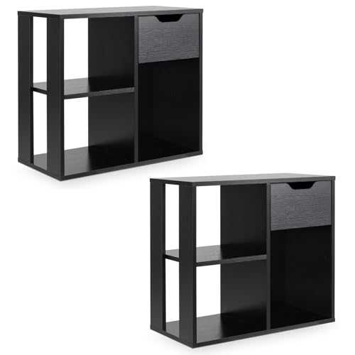 Giantex 3 Cube Bookcase with Drawer Set of 2, 2 Tier Bookshelf for Small Spaces, Modern Freestanding Display Rack with Open Shelves, Book Case, Wood Cube Storage Organizer Bedroom Living Room, Black - color: Black