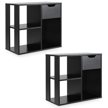 Giantex 3 Cube Bookcase with Drawer Set of 2, 2 Tier Bookshelf for Small Spaces, Modern Freestanding Display Rack with Open Shelves, Book Case, Wood Cube Storage Organizer Bedroom Living Room, Black - color: Black