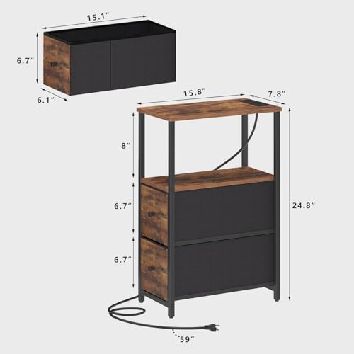 TUTOTAK Small Narrow End Table with Charging Station, Set of 2, Side Table with Outlets, Nightstand with 2 Cloth Drawers, Couch Table, for Living Room, Bedroom, Bedside, Brown TB01BB055 - color: Brown, style: 2 Drawers & Plug