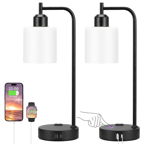 Industrial Touch Bedside Lamps for Bedrooms Set of 2 - 3-Way Dimmable Nightstand Lamps with USB C+A Ports and Outlet, Table Lamps with Opal Glass Shade for Living Room, Desk Lamps for Home Office - color: B-Opal