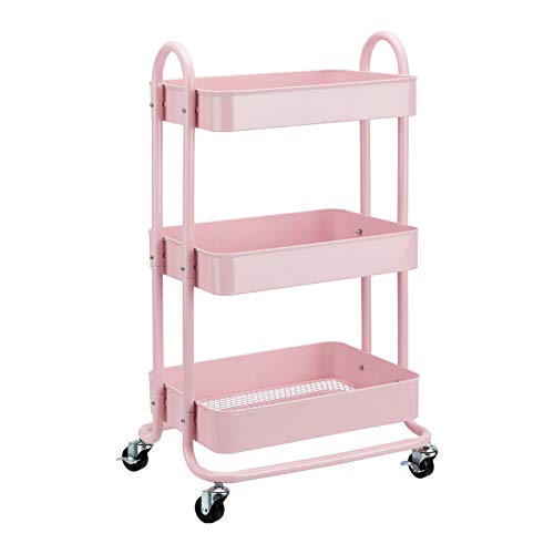 Amazon Basics 3-Tier Rolling Utility or Kitchen Cart, Lockable Wheels, Multifunctional Storage, Metal Storage Organizer, Portable, Dusty Pink - color: Dusty Pink