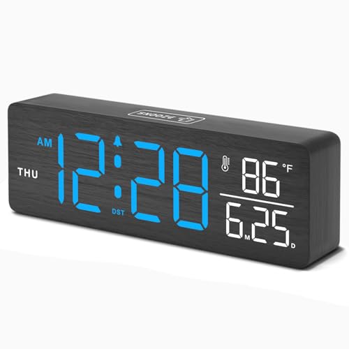 DreamSky Wooden Digital Alarm Clock with Date & Day of Week for Bedroom | Large Display Desk Clock for Living Room, Temperature, Dimmer, Adjustable Volume, Auto DST, Office Wood Décor (Plug-in) - color: Black-bw(plug-in)
