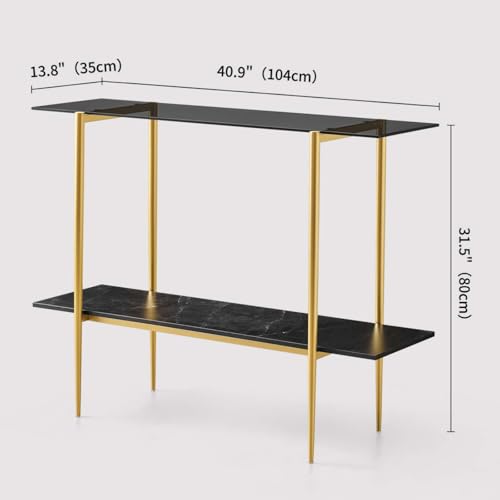 LumFurn Glass Console Table for Living Room, Foyer & Entrance, 2-Tiers Mid-Century Modern Sofa Table with Grey Glass Top, Black Marble Finish Wood Shelf and Gold Finish Frame - color: Grey & Black Marble, size: L41" Sofa Table