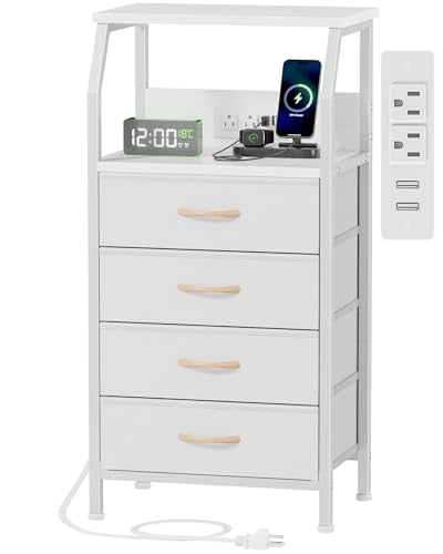 Furnulem Night Stand with Charging Station, Dresser with PVC & Fabric Drawers, 33.3 Inch Side Table with Open Shelf, Tall Bedside Table for Closet, Entryway, Bedroom Furniture, 3 Ways to Use, White - color: White, size: 4 Drawer