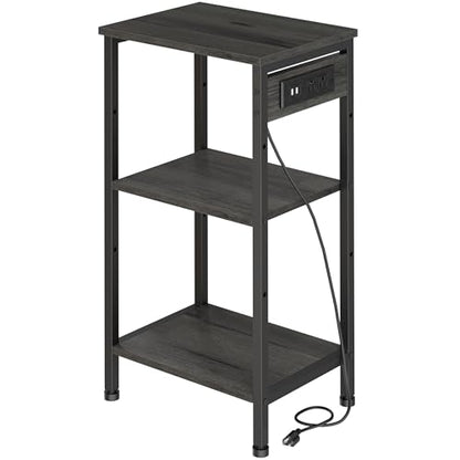 Asgolion Tall End Table with Charging Station, 3 Tier Narrow Beside Table with Adjustable Shelf, Tall Gray Side Table Nightstand for Bedroom, Living Room Coffe Table, Office, Charcoal Grey - color: Charcoal Grey, size: 14.8"D x 11"W x 30"H
