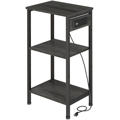 Asgolion Tall End Table with Charging Station, 3 Tier Narrow Beside Table with Adjustable Shelf, Tall Gray Side Table Nightstand for Bedroom, Living Room Coffe Table, Office, Charcoal Grey - color: Charcoal Grey, size: 14.8"D x 11"W x 30"H