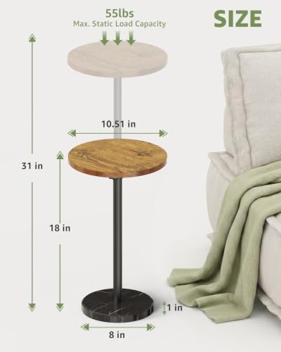 Adjustable Drink Table Marble Base, Small Round Side Table, Pedestal Side Table for Small Spaces in Living Room, Bedroom, Sofa Couch, Brown & Black