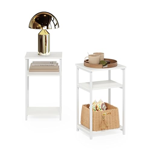 Furinno JUST 3-Tier Telephone Table Set of 2, Metal Frame Modern Side Table with Open Shelf, Night Stand, Bedside Table, Easy Assembly, for Living Room, Bedroom, White - color: White/White, size: 2-Pack, Metal Frame, 3-Tier