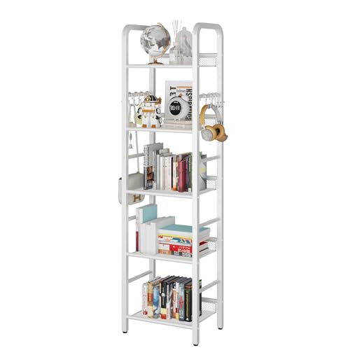 YMYNY 5 Tier Bookshelf, Freestanding Bookcase for Living Room, Bedroom, Home Office, Multi-Functional Storage Rack Organizer, Display Rack with Metal Frame, Rust Resistance, White, UHBC055W - size: 5-Tier (10.43"x14.17"x57.48")