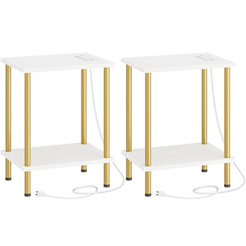 HOOBRO Side Table with Charging Station, Set of 2 End Tables with USB Port and Outlets, Nightstand with 2-Layer Storage Shelves for Small Spaces, Living Room, Bedroom, White and Gold DW09UBZP201 - color: White + Gold