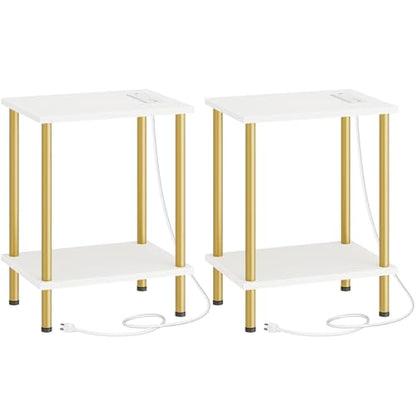 HOOBRO Side Table with Charging Station, Set of 2 End Tables with USB Port and Outlets, Nightstand with 2-Layer Storage Shelves for Small Spaces, Living Room, Bedroom, White and Gold DW09UBZP201 - color: White + Gold
