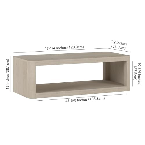Henn&Hart 47" Rectangular Low-Profile Coffee Table with Open Storage Shelf for Living Room, Family Room, or Office, Beech White - color: Beech White