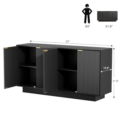 63'' Large Fluted Sideboard Buffet Cabinet, Modern Storage Cabinet with Adjustable Shelf, Console Table Wine Bar Accent Credenza with 4 Doors for Dining Room, Living Room, Hallway(Black) - color: Black