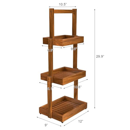 3-Tier Teak Shower Caddy, Bathroom Organizer with Towel Rack | Three-Tier Teak Organizer Keeps Toiletries, Towels and Toilet Paper within Reach, with a Stable Non-slip Base. - size: 3 Tier