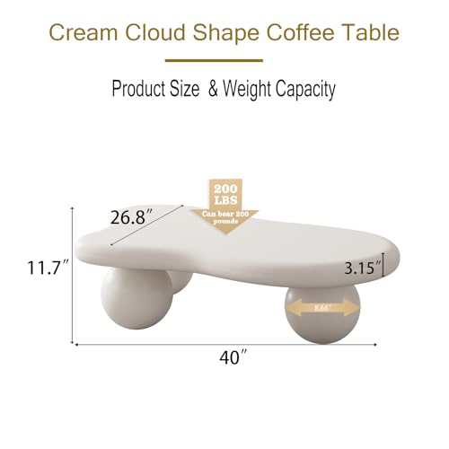 40” Cloud Coffee Table with 3 Ball Legs, Modern Irregular Center Table for Living Room, Low Cute Small MDF Tea Table for Bedroom, Space Apartment Cream White - color: Cloud-40" White