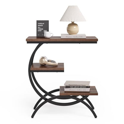 LITTLE TREE End Table, Narrow End Table with 3 Storage Shelves, Industrial C-Shaped Small Sofa Side Table for Living Room, Wood Slim Snack Table with Black Metal Frame, Rustic Brown - color: Rustic Brown