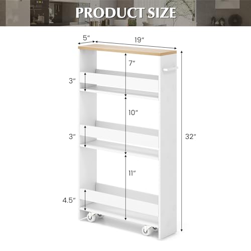 LOKO Slim Storage Cart, 4-Tier Rolling Cart with Handle & Wooden Top for Kitchen Bathroom Laundry Living Room Narrow Small Spaces, 5 Inches Width (White & Natural) - color: White & Natural