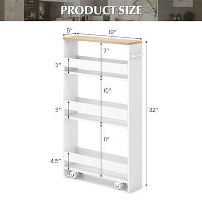 LOKO Slim Storage Cart, 4-Tier Rolling Cart with Handle & Wooden Top for Kitchen Bathroom Laundry Living Room Narrow Small Spaces, 5 Inches Width (White & Natural) - color: White & Natural