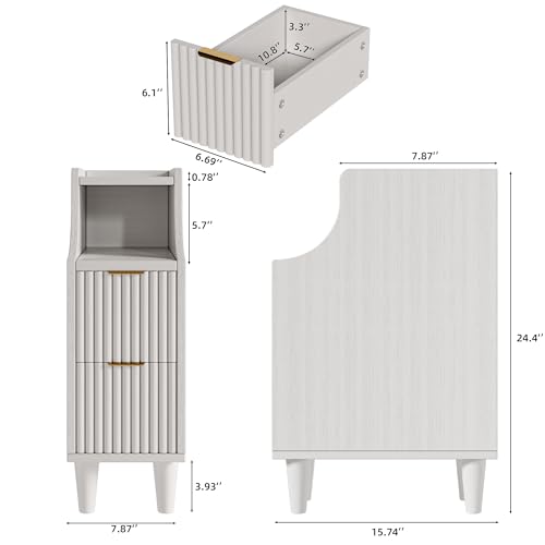7.9" Narrow Fluted Nightstand Set of 2,Slim Side End Table with 2 Drawers,Black Modern Bedside Table,Skinny Night Stand for Small/Compact Space, Motorhome (White) - color: White