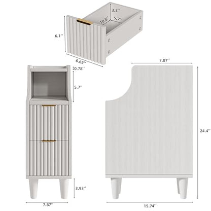 7.9" Narrow Fluted Nightstand Set of 2,Slim Side End Table with 2 Drawers,Black Modern Bedside Table,Skinny Night Stand for Small/Compact Space, Motorhome (White) - color: White