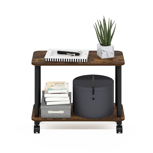 Furinno Turn-N-Tube Side Table, 2-Tier Sofa End Table with Wheels, Toolless Assembly Night Stand, Bedside Table with Open Shelf, for Living Room, Bedroom, Amber Oak - color: Amber Oak/Black