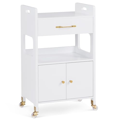BarberPub Hair Salon Rolling Trolley for Storage, Barber Cart with Cabinet & Lockable Wheels, Beauty Spa Utility Styling Tools Organizer 2494, White